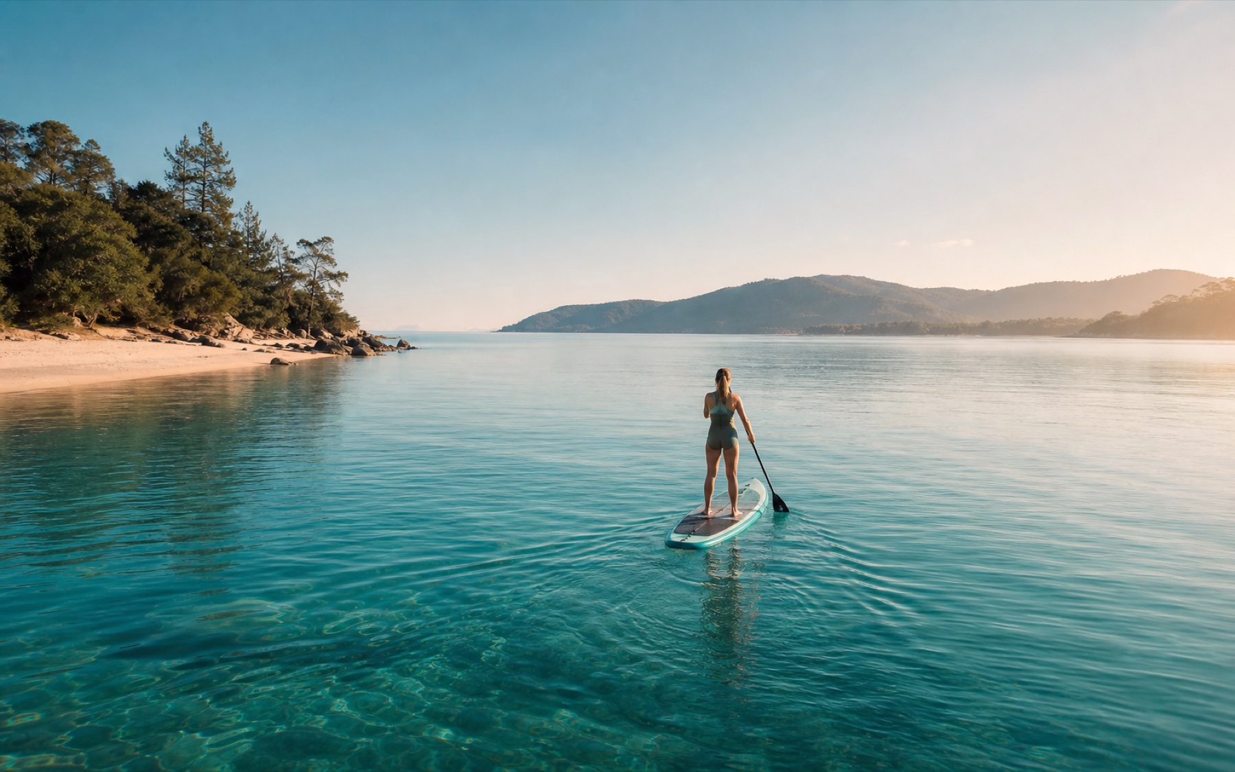 A paddler exploring a calm coastal bay